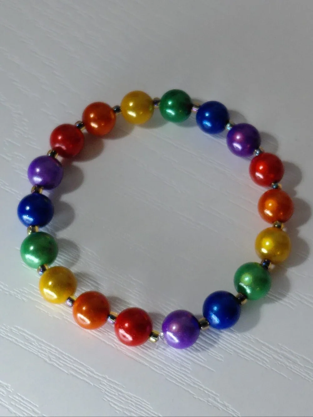 Hand Crafted Bright Rainbow Pearl Bead Stretch Bracelet 7.75 Inch